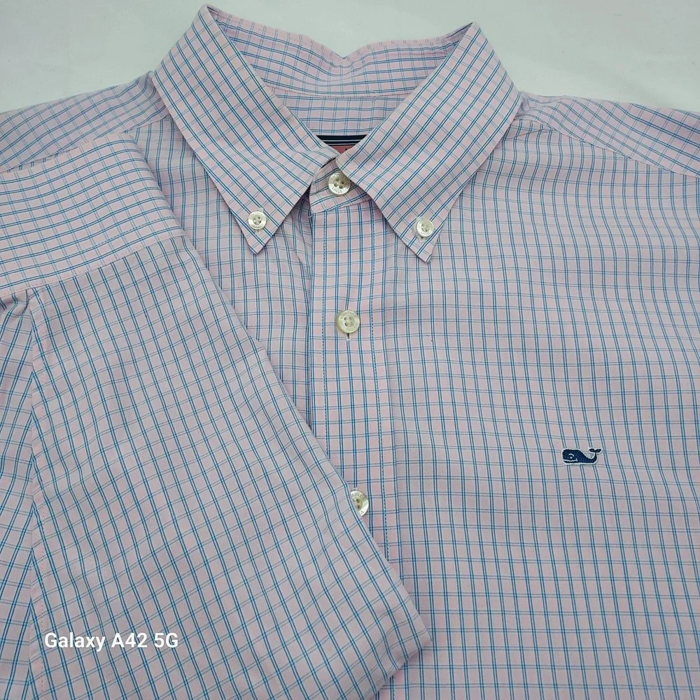 Vineyard Vines Mens Whale Shirt Pink Blue Check Button Down Cotton Size M